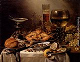 Pieter Claesz Banquet Still Life With A Crab On A Silver Platter, A Bunch Of Grapes, A Bowl Of Olives, And A Peeled Lemon All Resting On A Draped Table painting
